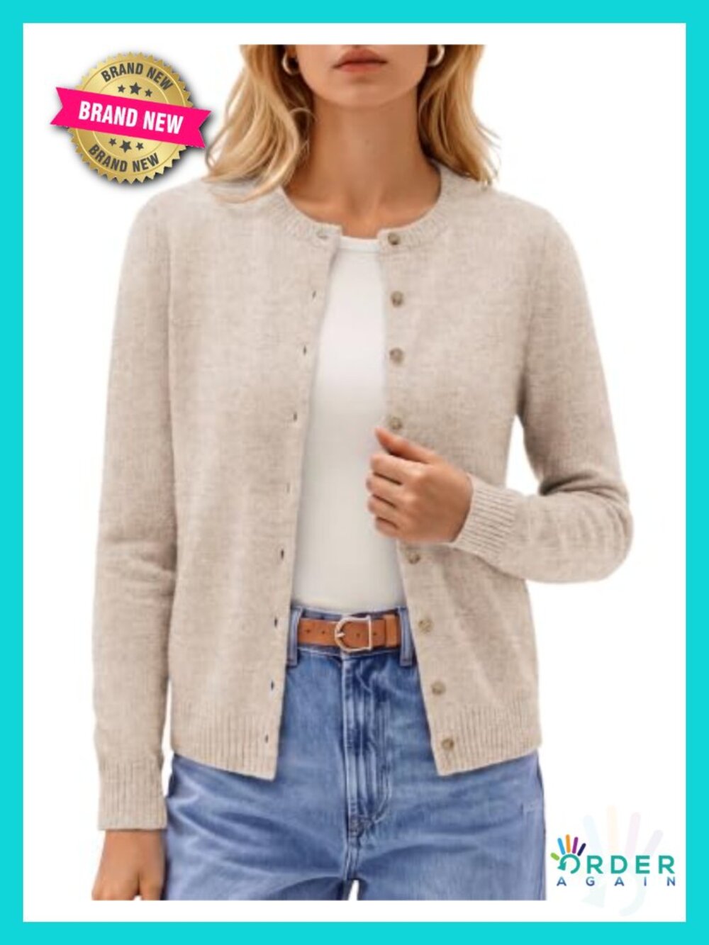 Cashmere Merino Wool Cardigan Sweater Button Front Crew Neck